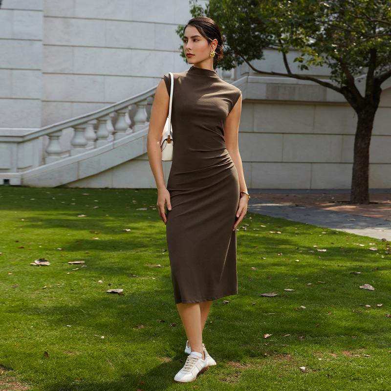  Mockneck Tucks Midi Dress 