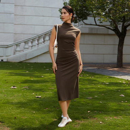  Mockneck Tucks Midi Dress 