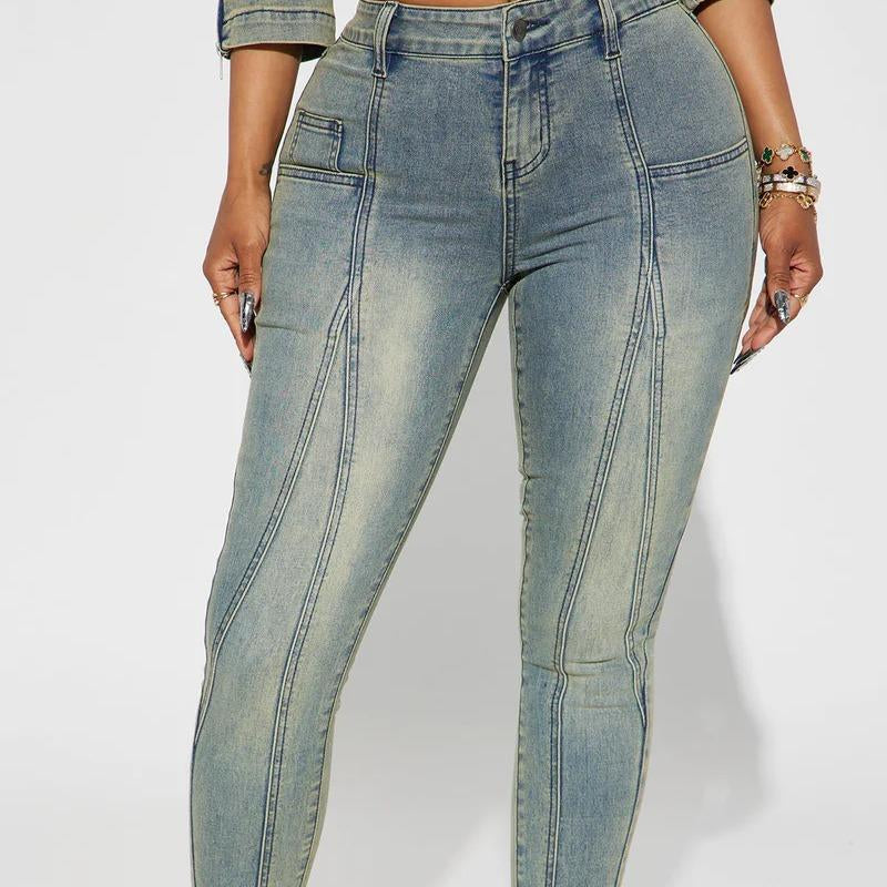 Elengatine Mid Rise Stretch Skinny Jeans - Medium Wash Women'S Vintage Light Wash with Contrast Stitch Fit Bottom Fashionable All Seasons below the Ankle Jeans