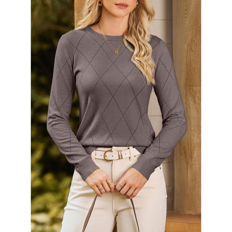 Dokotoo Sweaters for Women Long Sleeve Wool Blend Crewneck Diamond Hollow Out Lightweight Soft Fall Pullover Sweater Tops