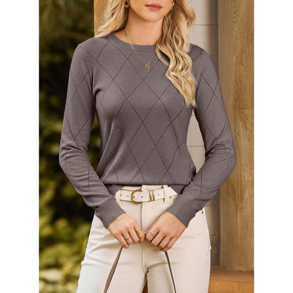 Dokotoo Sweaters for Women Long Sleeve Wool Blend Crewneck Diamond Hollow Out Lightweight Soft Fall Pullover Sweater Tops