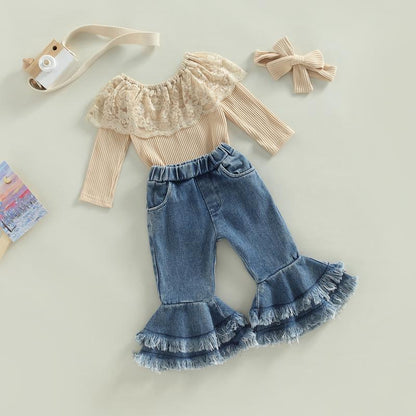 REDWOON Infant Baby Girl Fall Winter Clothes Lace Ribbed Romper Denim Bell Bottoms with Headband Boho Outfit 3Pcs Set