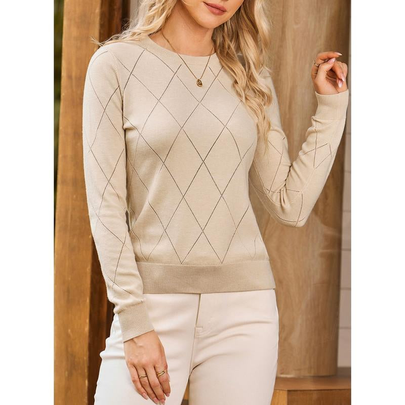 Dokotoo Sweaters for Women Long Sleeve Wool Blend Crewneck Diamond Hollow Out Lightweight Soft Fall Pullover Sweater Tops