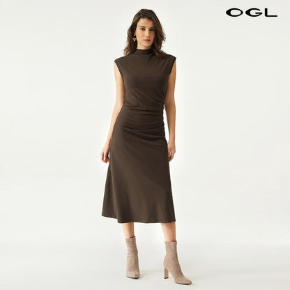  Mockneck Tucks Midi Dress 