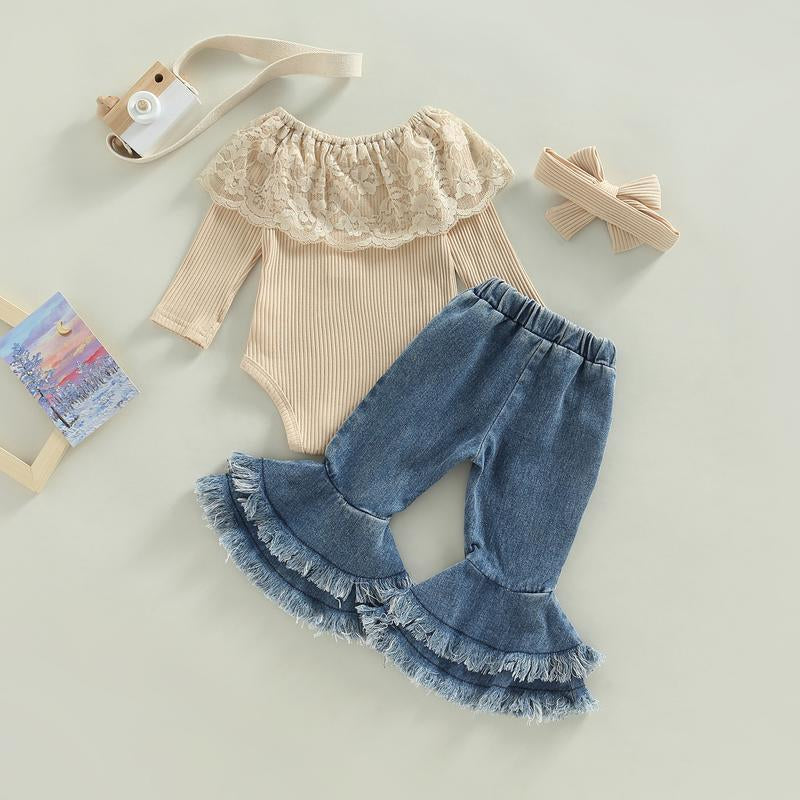 REDWOON Infant Baby Girl Fall Winter Clothes Lace Ribbed Romper Denim Bell Bottoms with Headband Boho Outfit 3Pcs Set