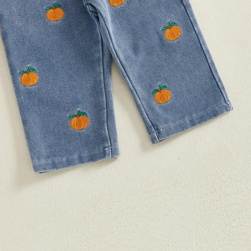 Toddler Girl Halloween or Christmas Outfits Patchwork Long Sleeve Lapel Ribbed Pullover + Embroidery Denim Pants