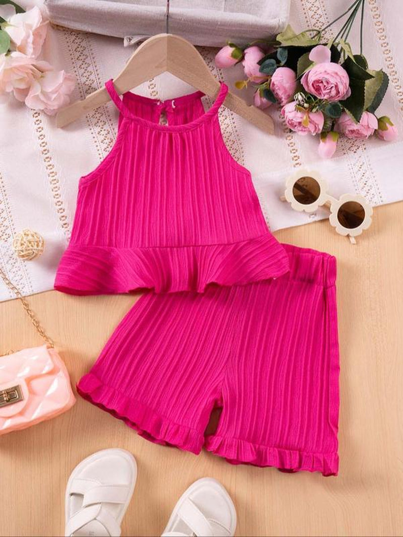 Two-Piece Set Girl'S Solid Crop Cami Top & Shorts, Cute Top & Shorts for Daily Wear, Kids Summer Clothes, Outfit, Baby Clothing