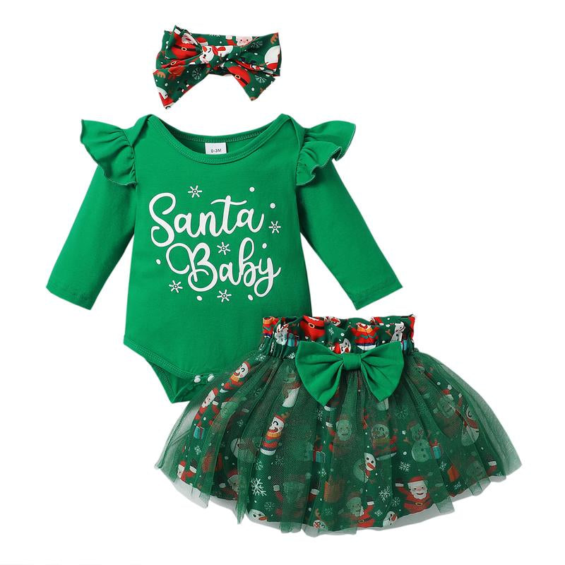 Baby Girls Green Christmas Mesh Dress New Born Santa Baby Romper and Skirt Outfit Clothing Babygirl Clothes Products