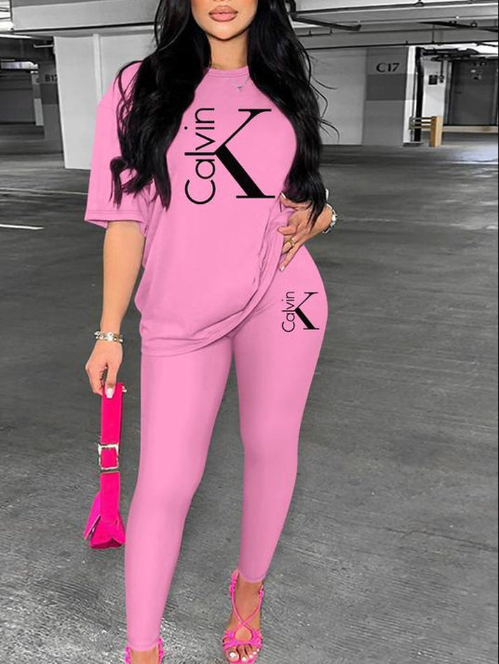 Women'S Casual Letter Print Short Sleeve Top + Long Pants Set, Fitted Thin Fabric, All Seasons Outdoor Home Sports