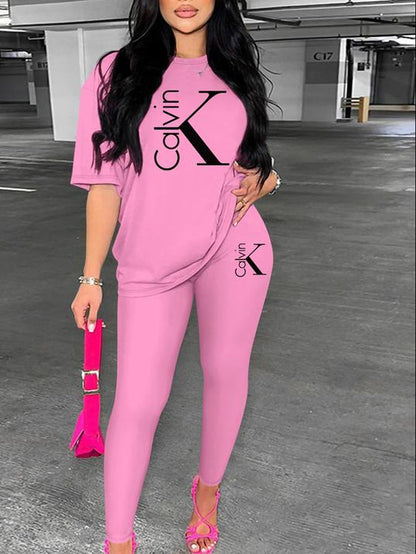 Women'S Casual Letter Print Short Sleeve Top + Long Pants Set, Fitted Thin Fabric, All Seasons Outdoor Home Sports