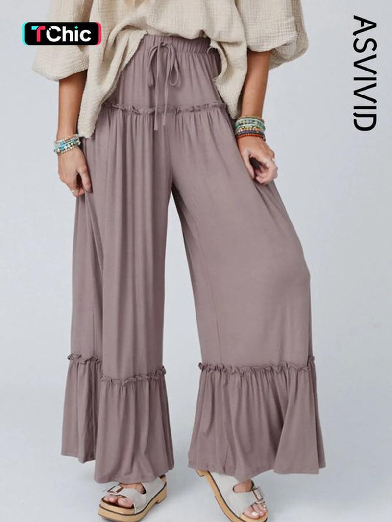 Plain Drawstring Frill Trim Wide Leg Pants
