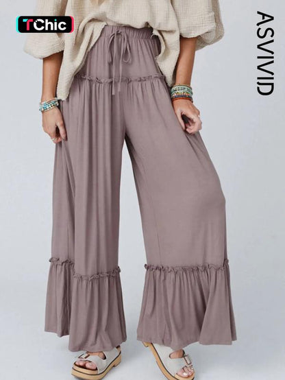 Plain Drawstring Frill Trim Wide Leg Pants