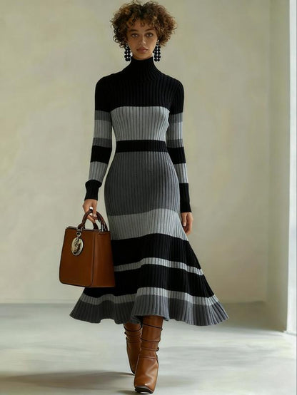 Elegant Women'S Knit Dress, High Neck Long Sleeve Mermaid Tail Design