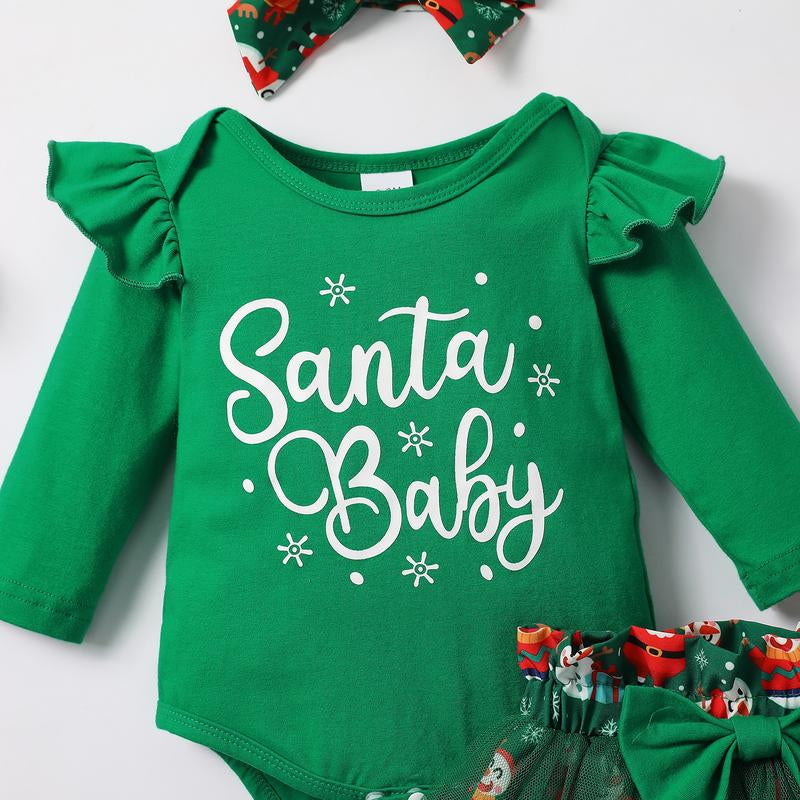 Baby Girls Green Christmas Mesh Dress New Born Santa Baby Romper and Skirt Outfit Clothing Babygirl Clothes Products