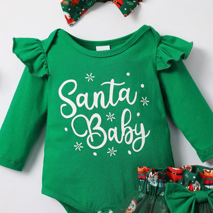Baby Girls Green Christmas Mesh Dress New Born Santa Baby Romper and Skirt Outfit Clothing Babygirl Clothes Products