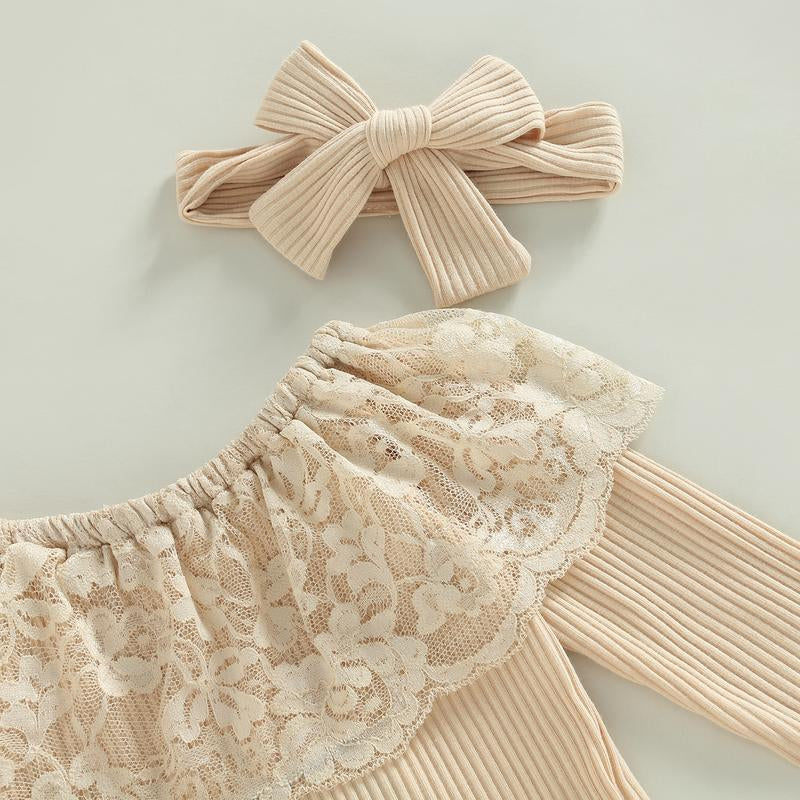 REDWOON Infant Baby Girl Fall Winter Clothes Lace Ribbed Romper Denim Bell Bottoms with Headband Boho Outfit 3Pcs Set