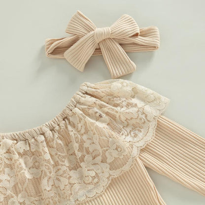 REDWOON Infant Baby Girl Fall Winter Clothes Lace Ribbed Romper Denim Bell Bottoms with Headband Boho Outfit 3Pcs Set