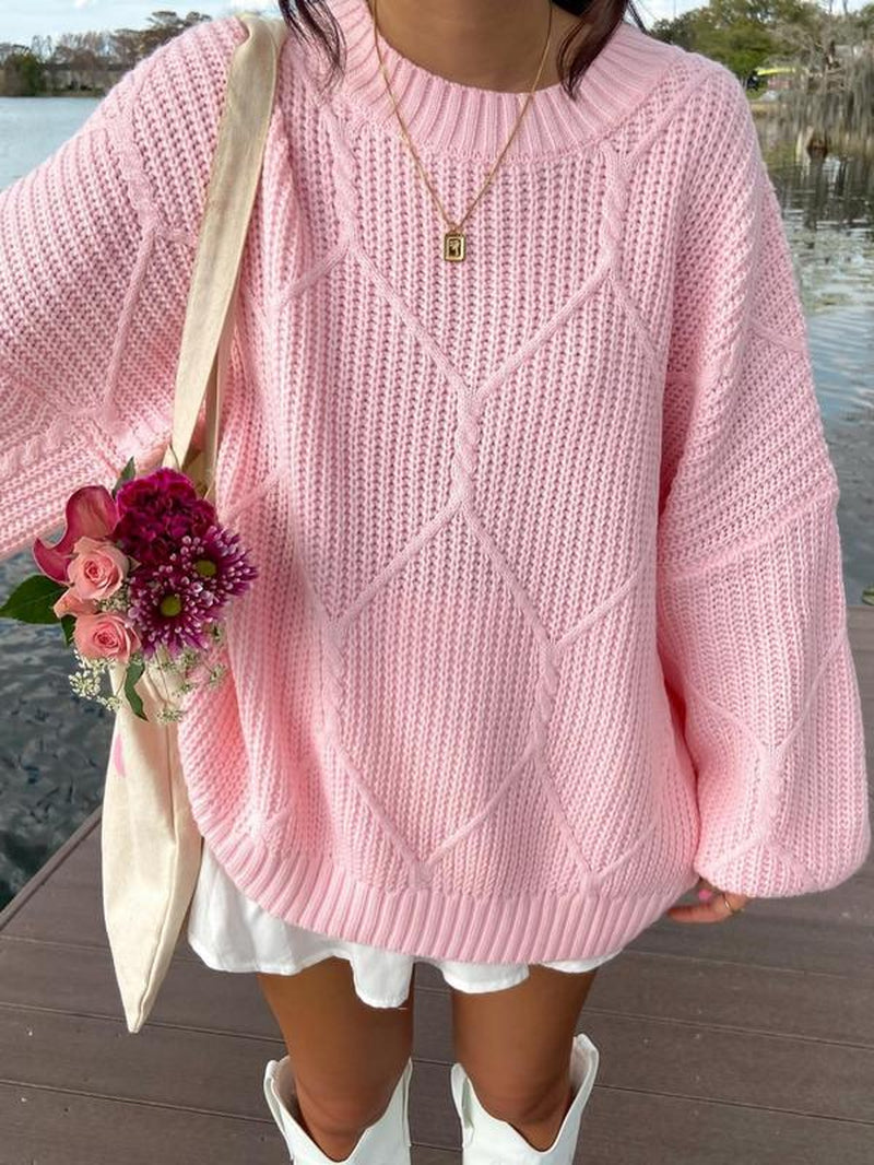 Cable Knit Solid Color Long Sleeve Sweater 
