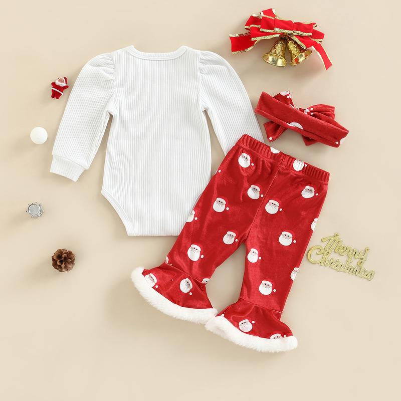 My First Christmas Baby Girl Outfit Long Sleeve Romper + Santa Claus Print Flare Pants + Headband Newborn Clothes Set