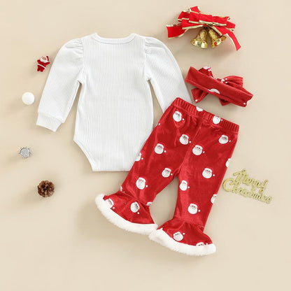 My First Christmas Baby Girl Outfit Long Sleeve Romper + Santa Claus Print Flare Pants + Headband Newborn Clothes Set