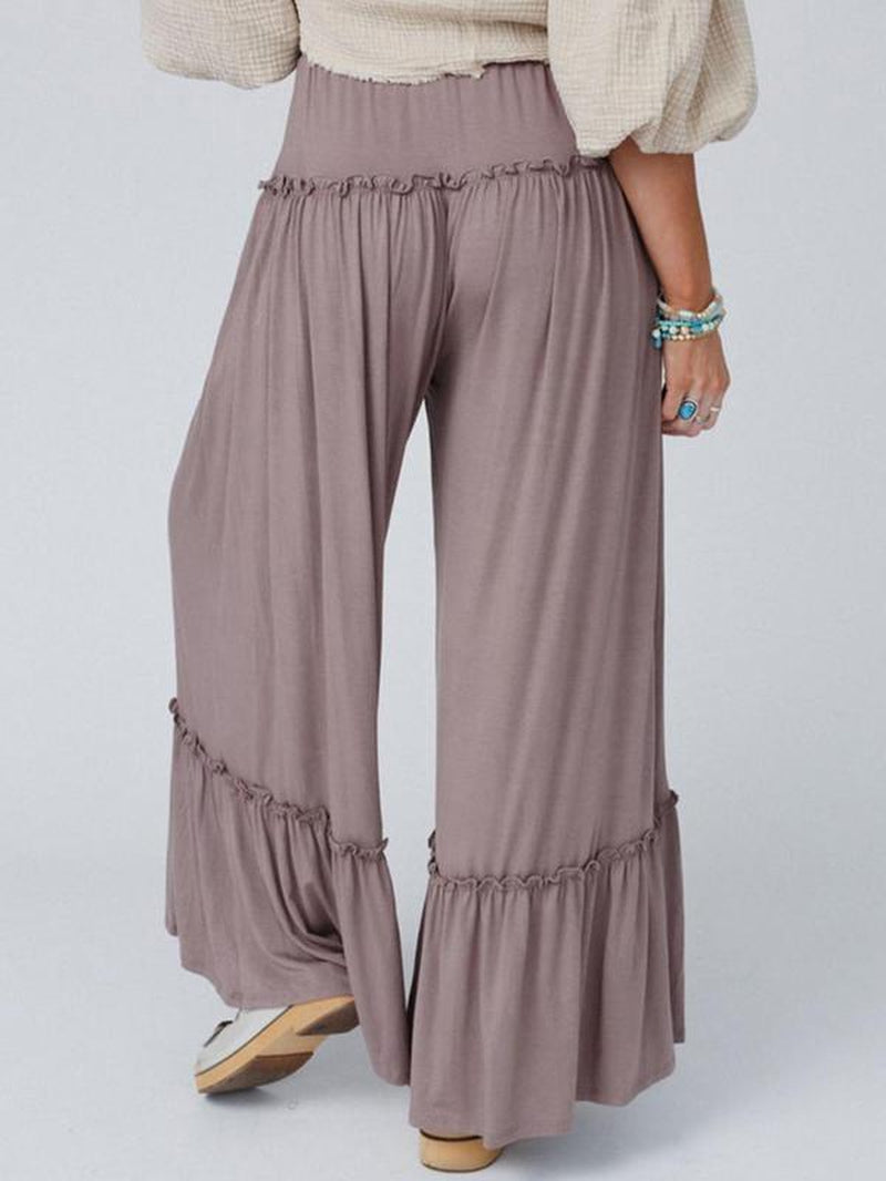 Plain Drawstring Frill Trim Wide Leg Pants